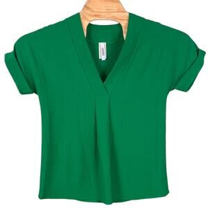 2 Hearts Casual V-Neck Pleat Folded Sleeve Pullover Top Green Women's Size Small